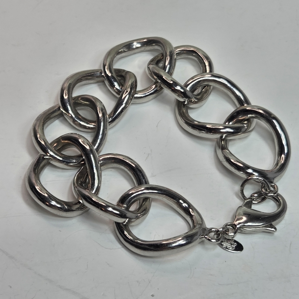 large chunky bold silver tone chain link bracelet unisex marked RL 8in shiny